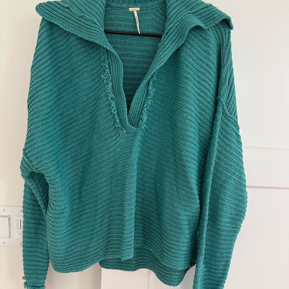 Free People Teal V-Neck Sweater